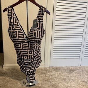 Geometric Black and Tan One-Piece Swimsuit